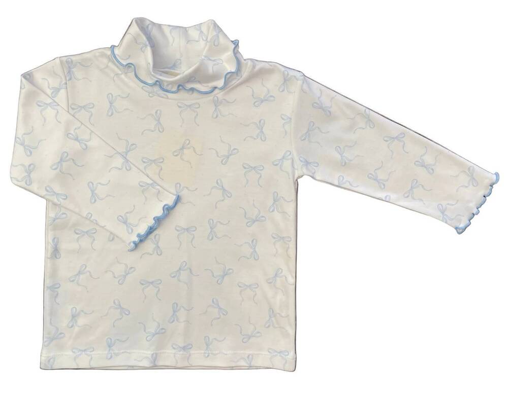 NEW LUIGI KIDS girl's bow print lettuce edge turtleneck top in white/blue
